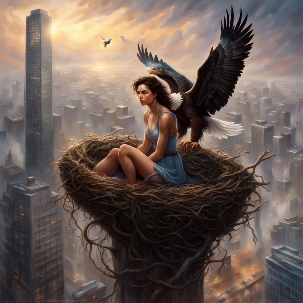 Brunette Captured by Mutant Eagles in Hyperrealistic Style