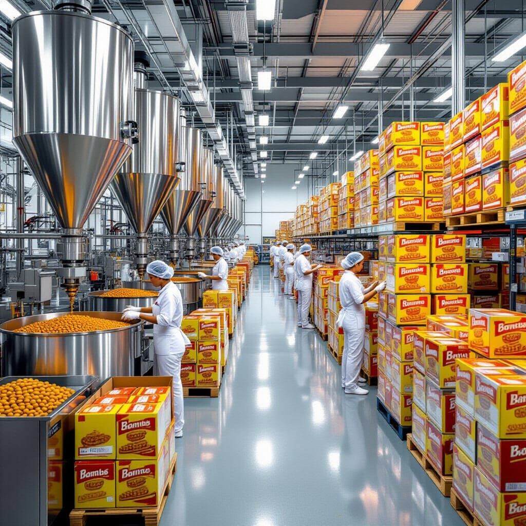 Bustling Peanut Snack Factory in Hyperrealistic Style
