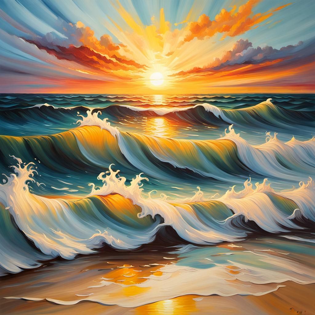 Golden Sunset Waves: A Vibrant Oil Painting