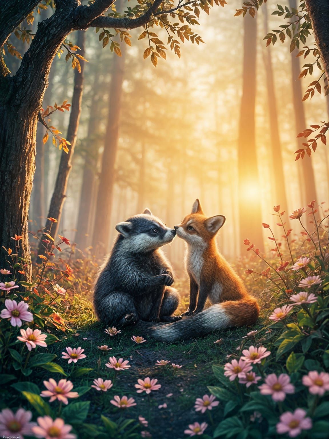 Watercolor Badger and Fox in Enchanted Forest