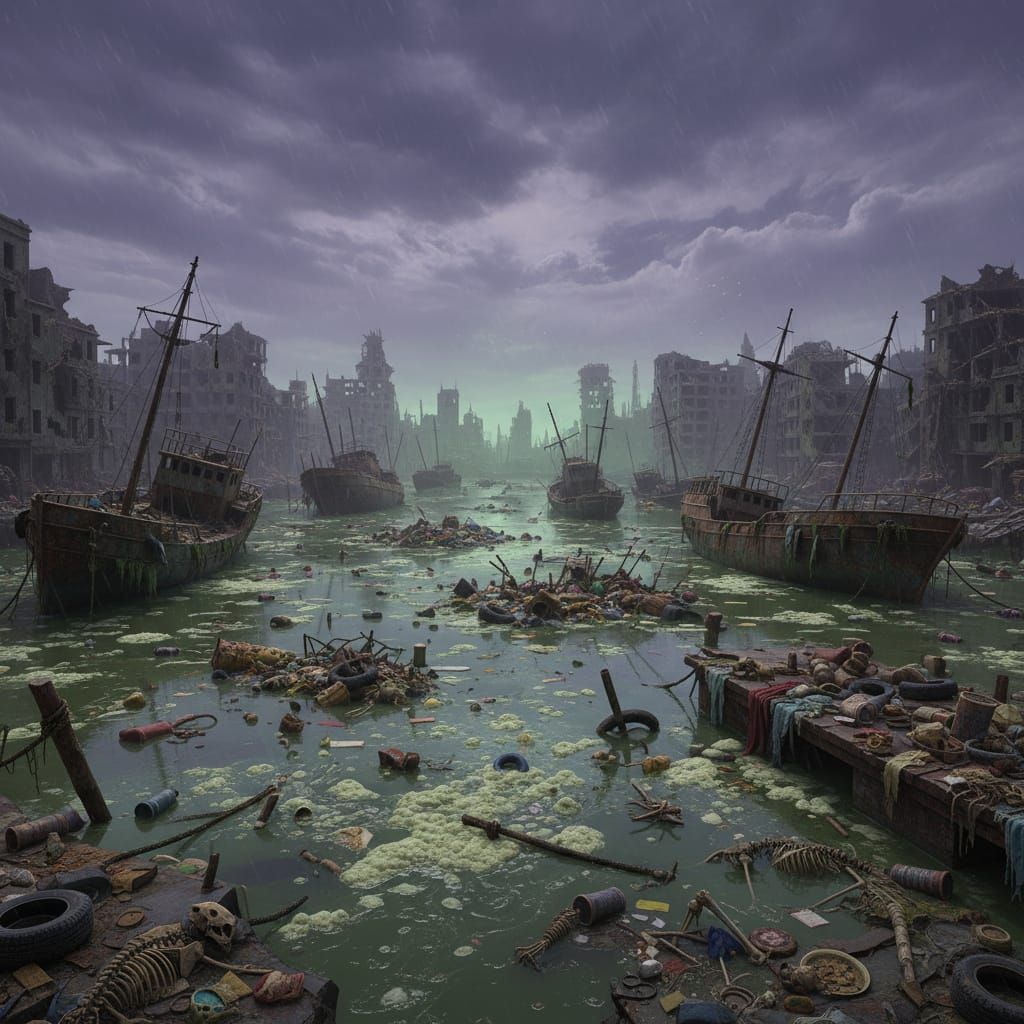 Ominous Horror City Port with Derelict Ships and Skeletons