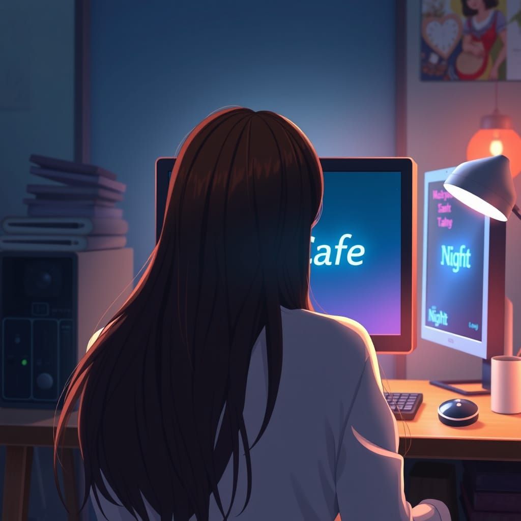 Woman at Desk with "NightCafe" Screen in Ghibli Style
