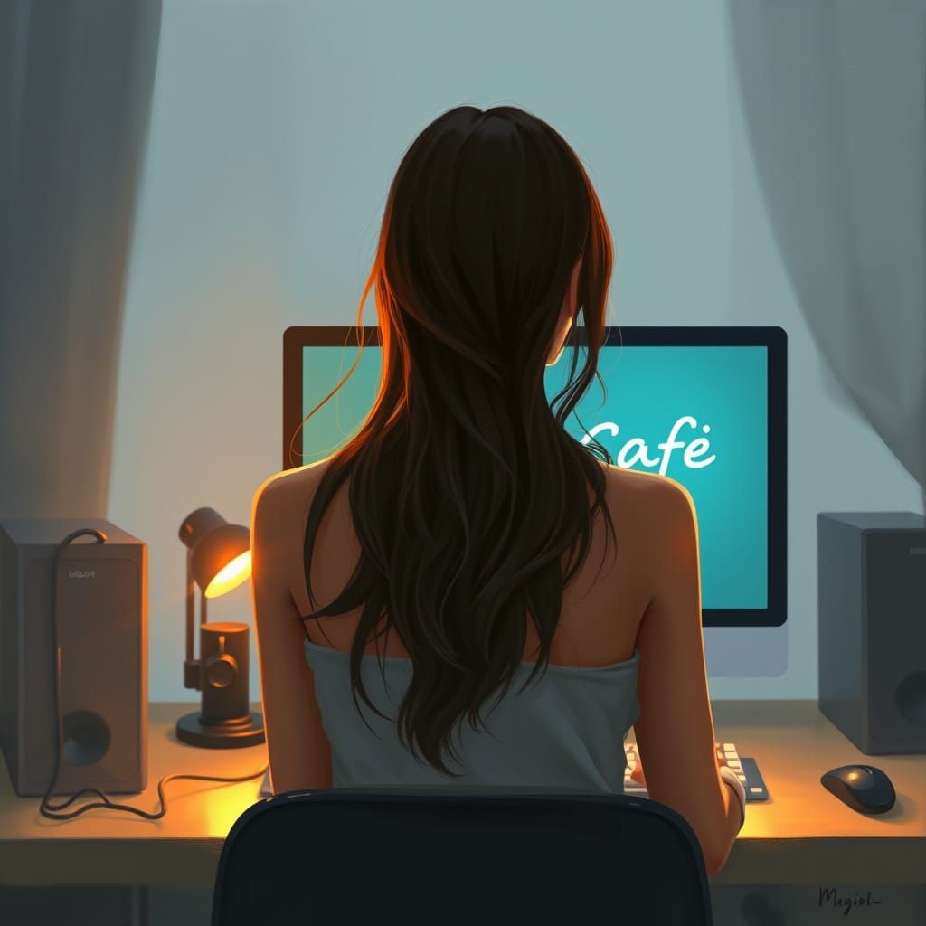 Woman Working on Computer in Ethereal Digital Painting Style