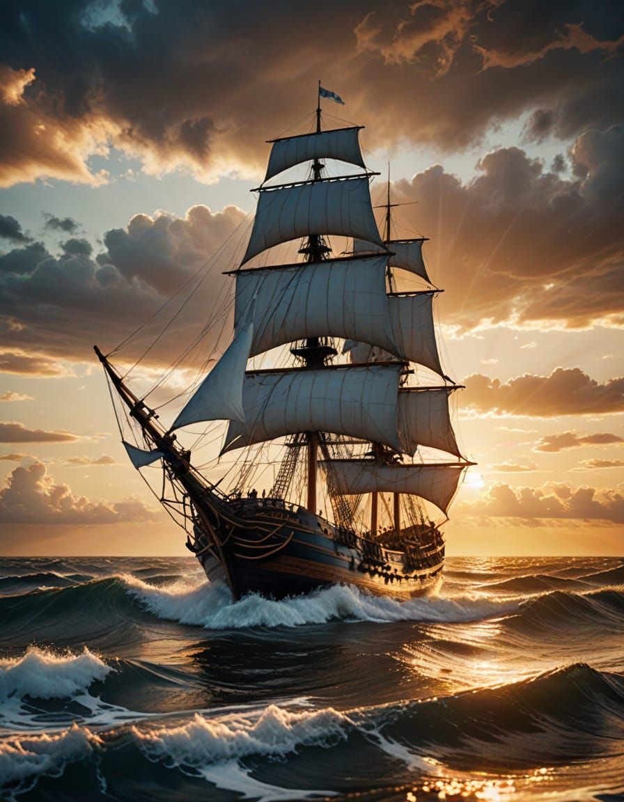 Majestic Wooden Ship Sails Under Golden Sunset