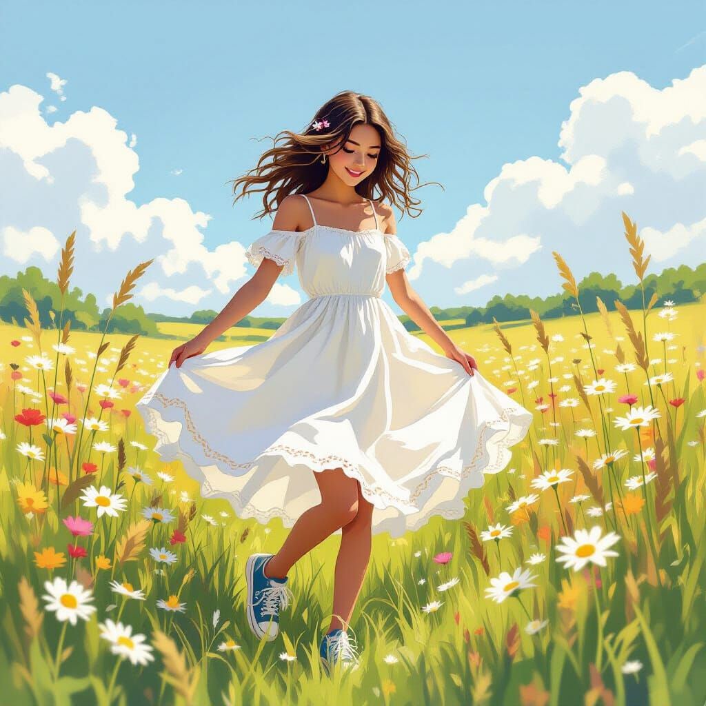 Teenage Girl Dancing in Wildflower Field, Illustrative Style