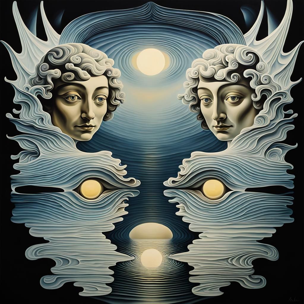 Surreal Symmetrical Reflection in Monochromatic Oil Painting