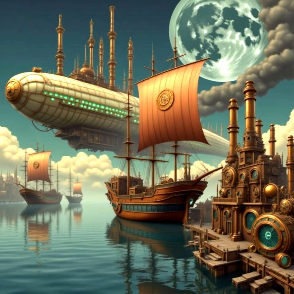 Bioluminescent Airship Over Futuristic Steampunk Harbor