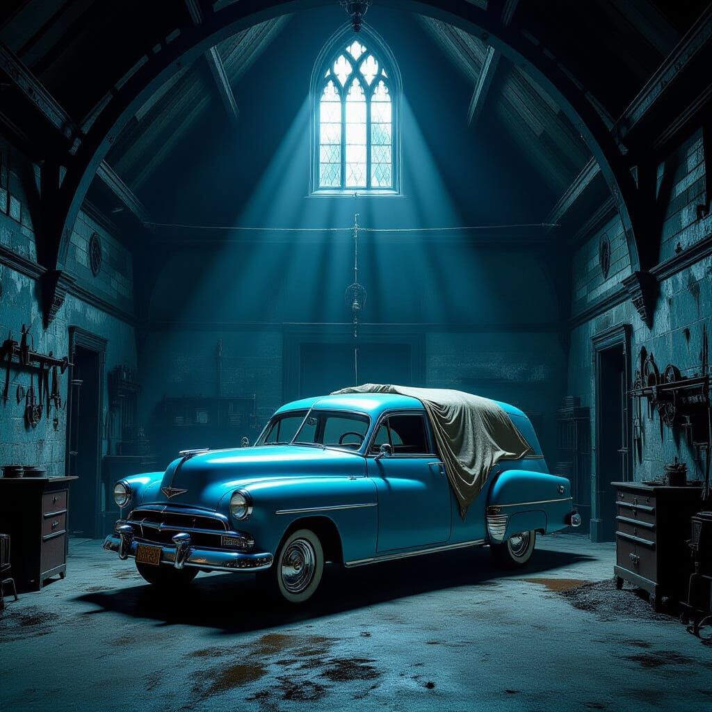 Vintage Hearse in Moonlit Victorian Garage
