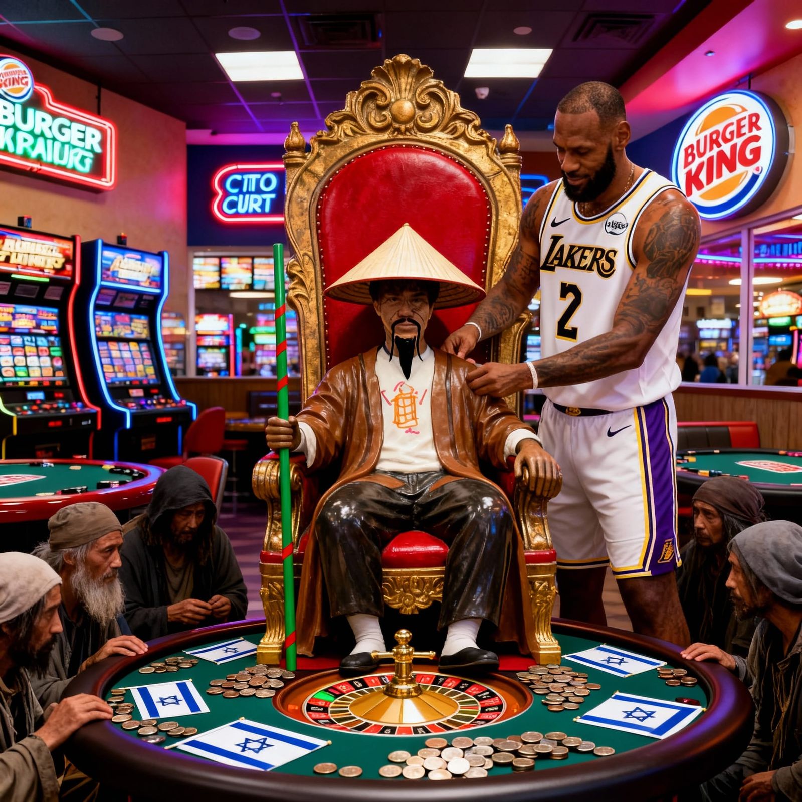 Man in Vietnamese Cone Hat on Throne at Burger King Casino