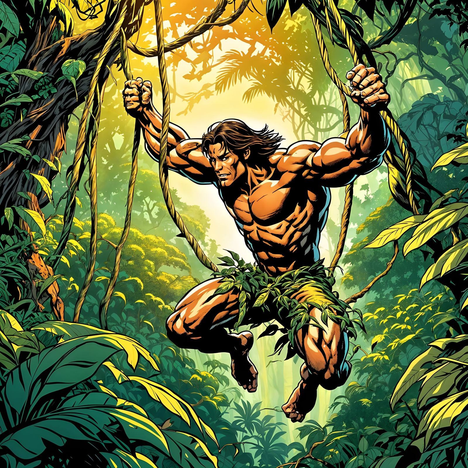 Tarzan Swinging Through Jungle in Comic Style