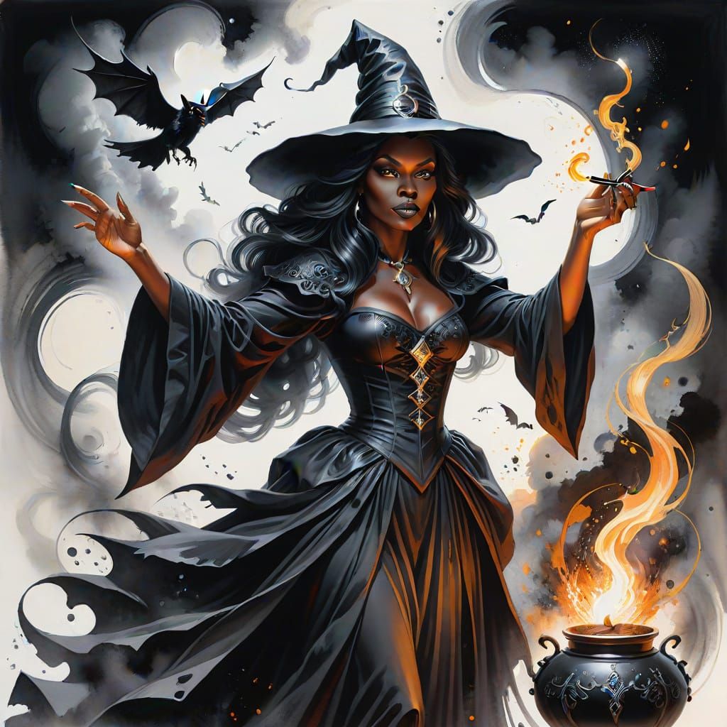 Fantasy Black Witch Casting Spell Illustration