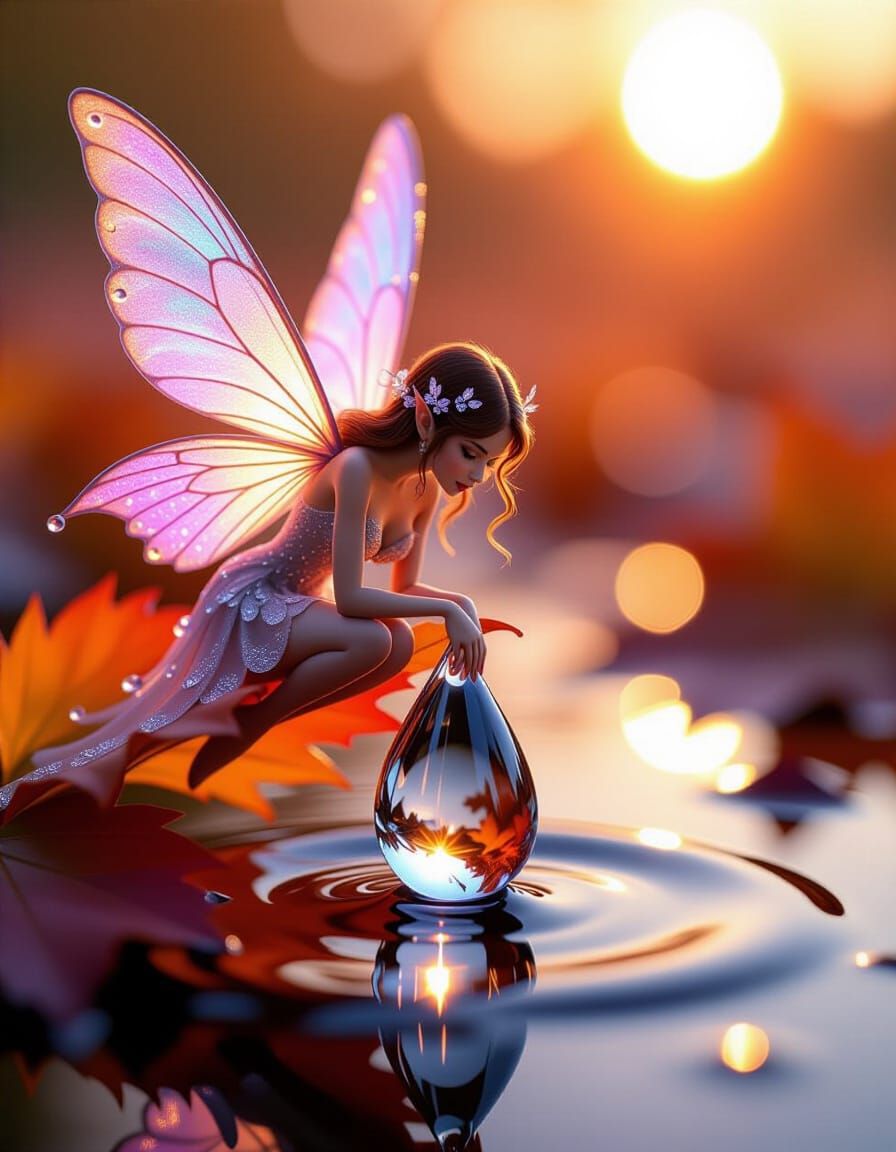 Autumn Fairy Reflection in Crystal Droplet