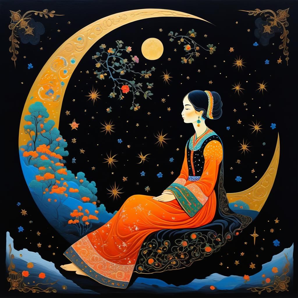 Woman Contemplating Moon in Palekh Painting Style
