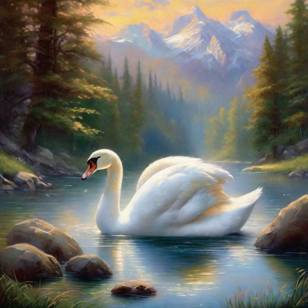 Swan on Crystal River: Baroque Oil Painting