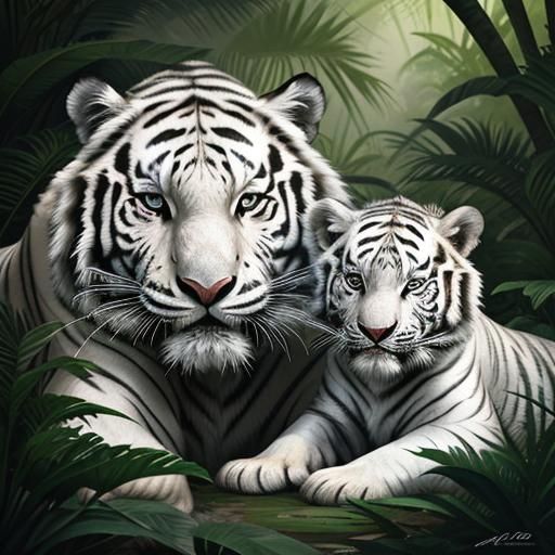 Hyperrealistic White Tiger and Cub in Jungle