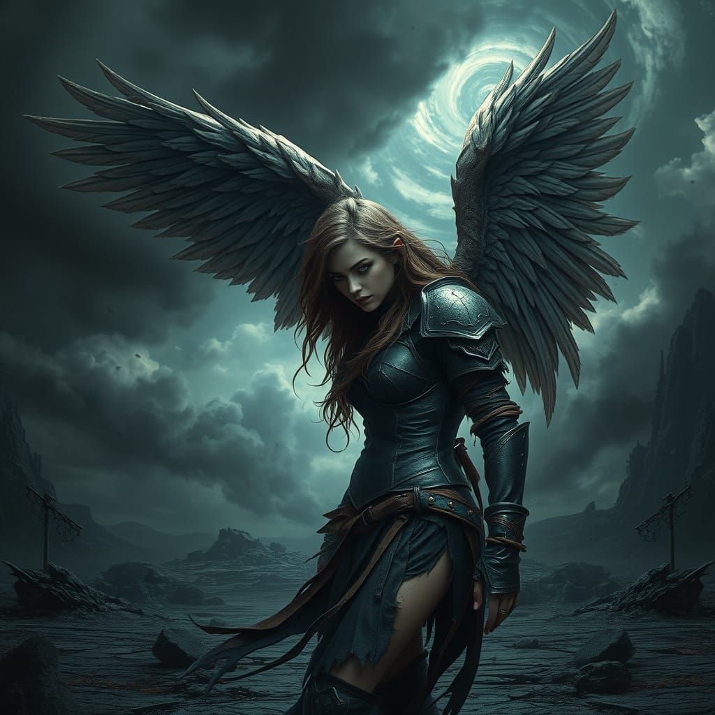Majestic Fallen Angel with Tattered Wings in Dark Leather Ar...