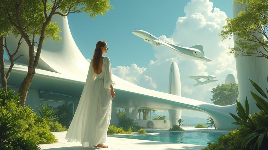 Utopian Future with Woman in White Robes