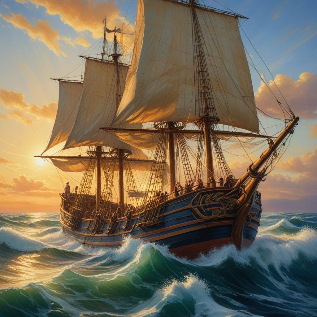 Conquistadors Sail in Golden Sunlight, Oil Painting