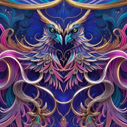 Celestial Filigree Indigo Bird in Gouache Illustration