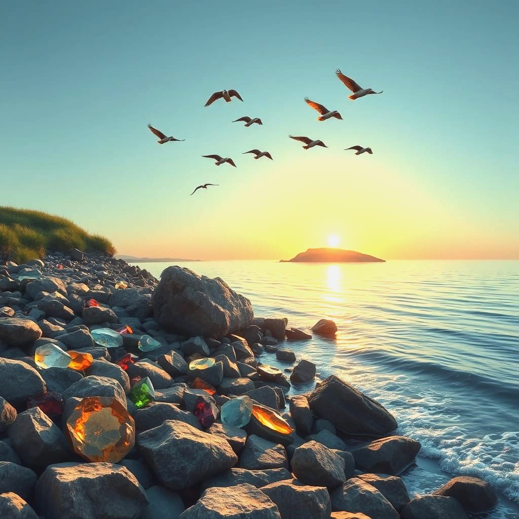 Gems and Creatures Soar Over Tranquil Island Landscape