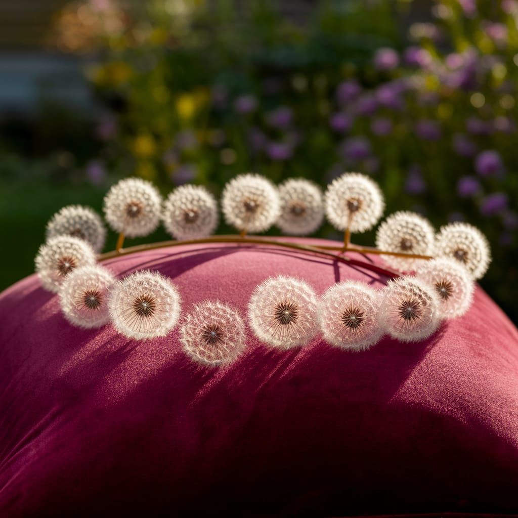 Regal Dandelion Crown on Velvet Pillow