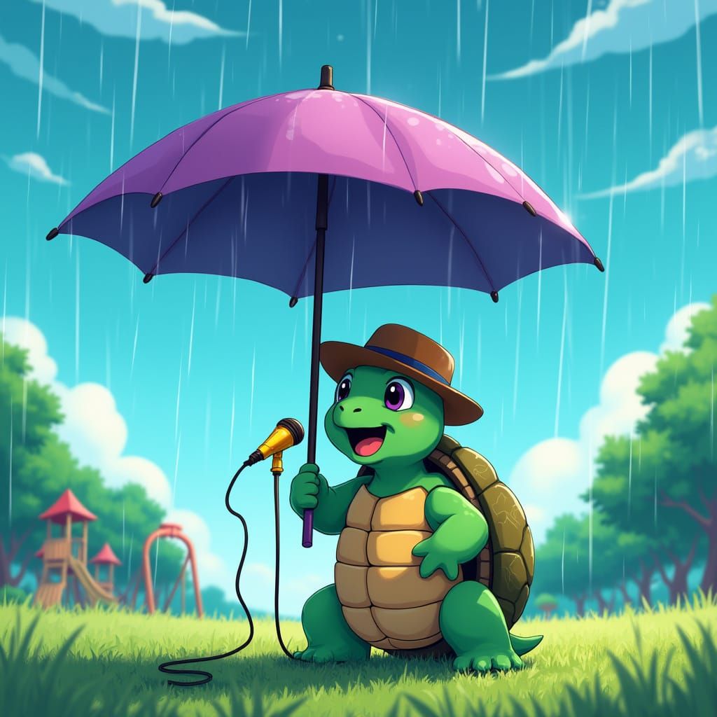 Singing Turtle in Manga Style with Golden Microphone