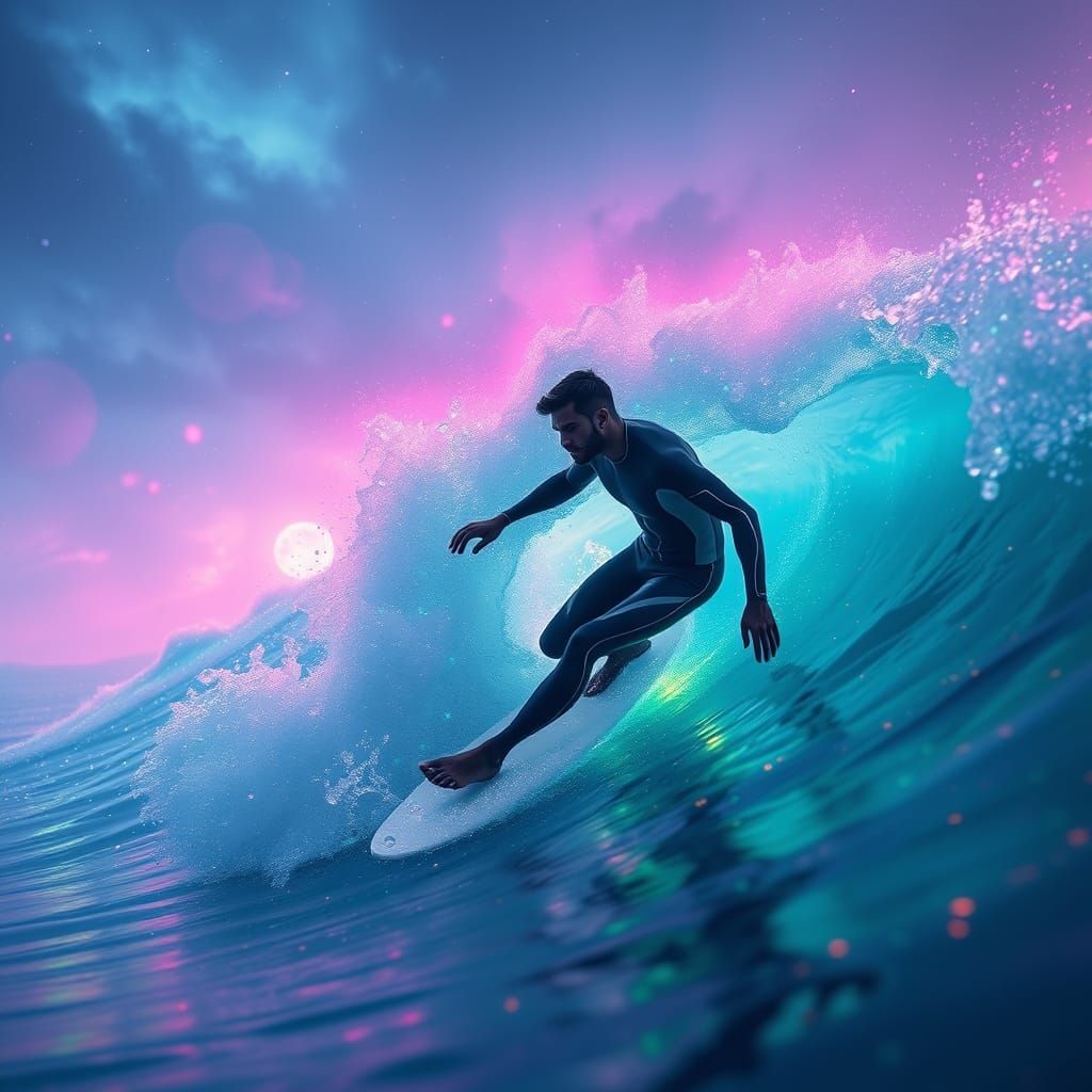 Surfer Riding a Glowing Bioluminescent Wave in a Vibrant, Dr...