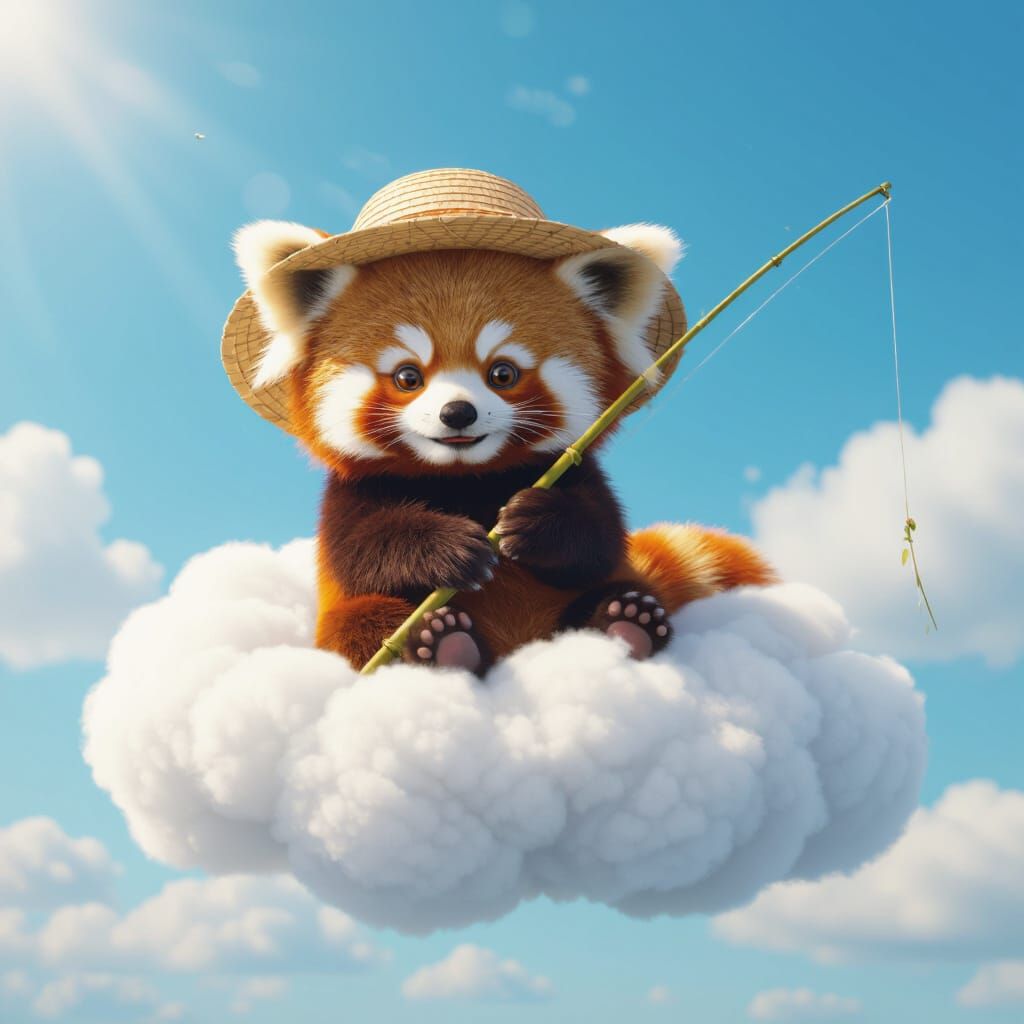 Red Panda Fishing on Cloud in Dreamlike Style