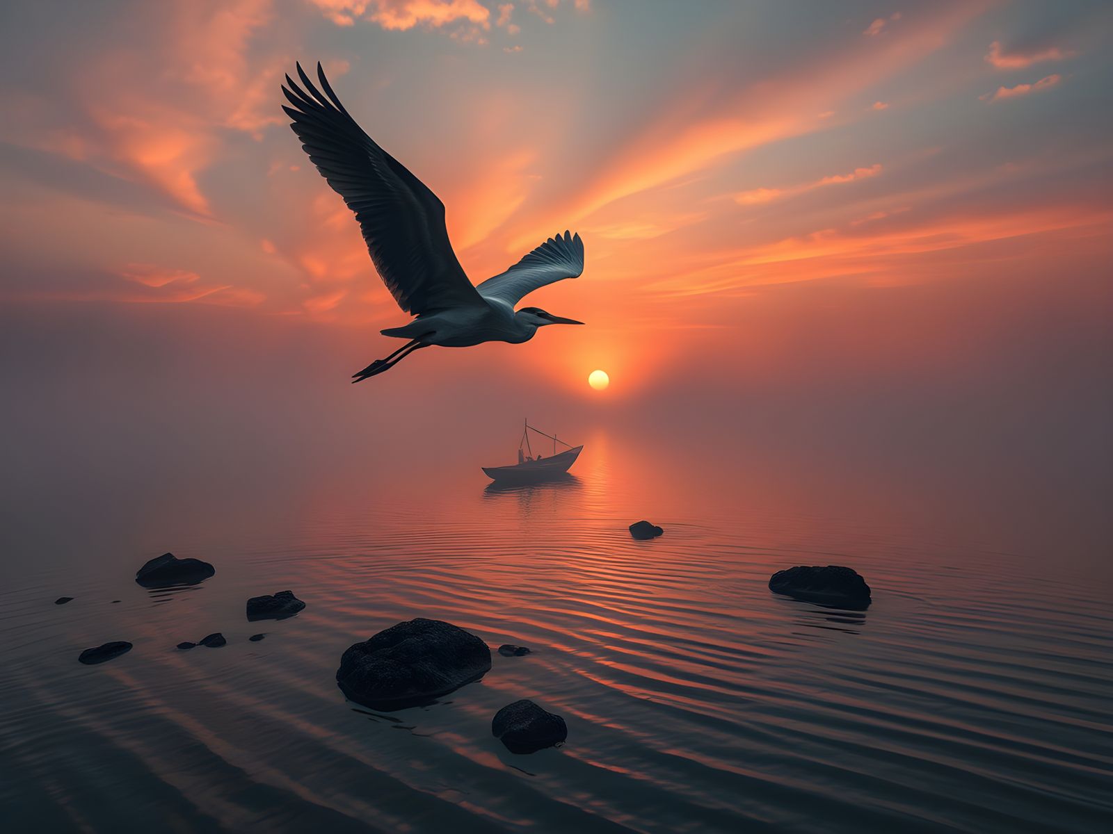 Heron Flying Over Misty Lagoon at Sunset