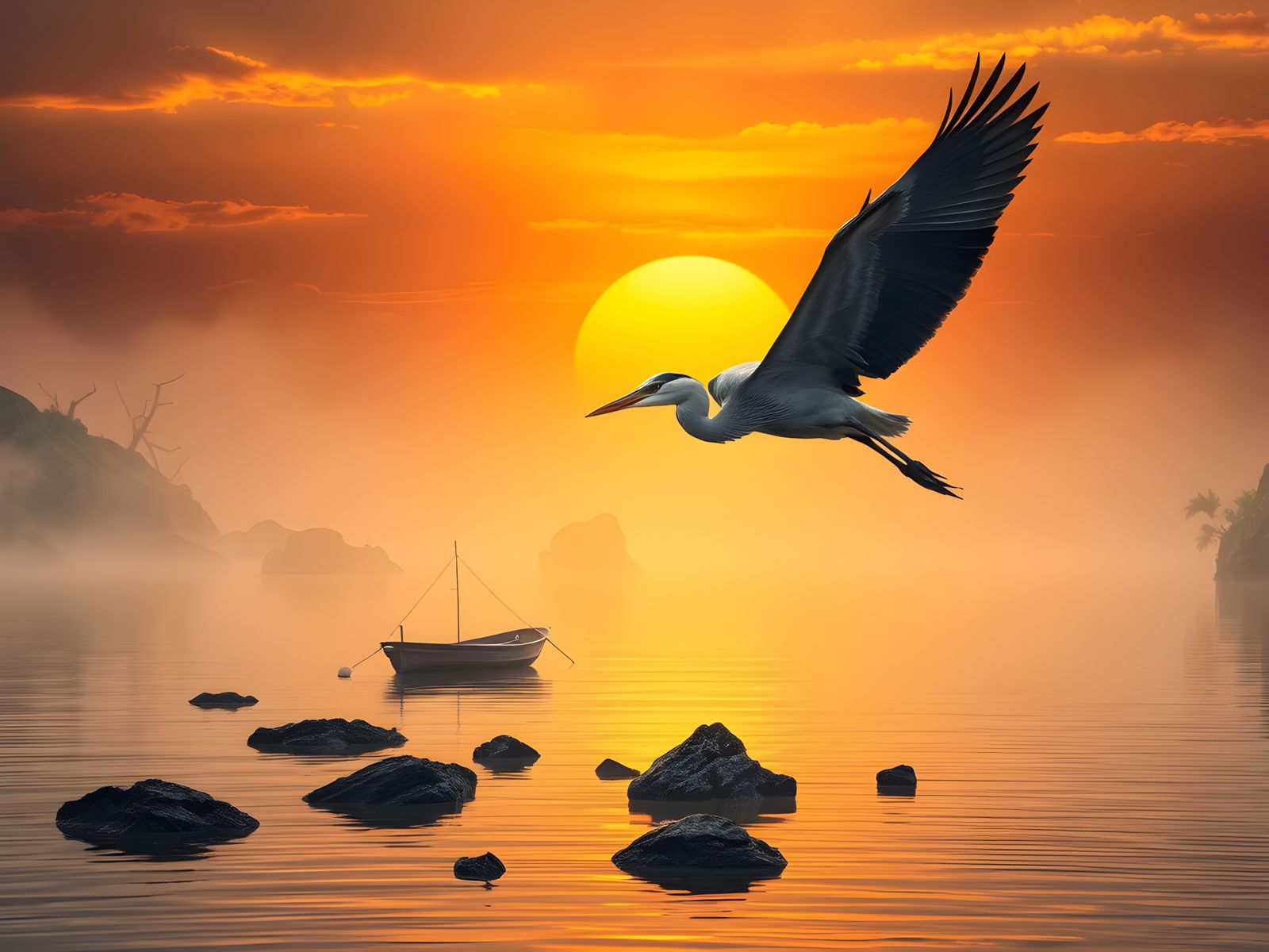 Heron Flying Over Misty Lagoon at Sunset