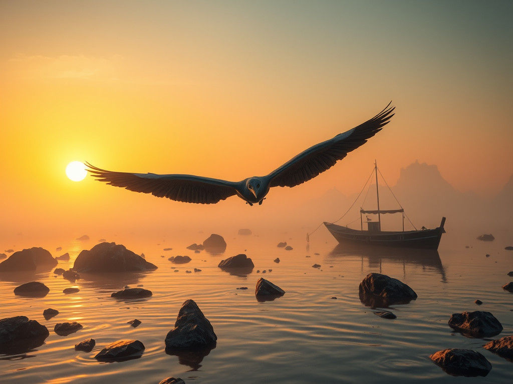 Heron Soaring Over Lagoon at Sunset