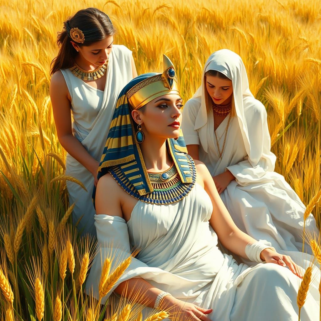 Egyptian Queen in Sunlit Grain Field, Attended by Servants