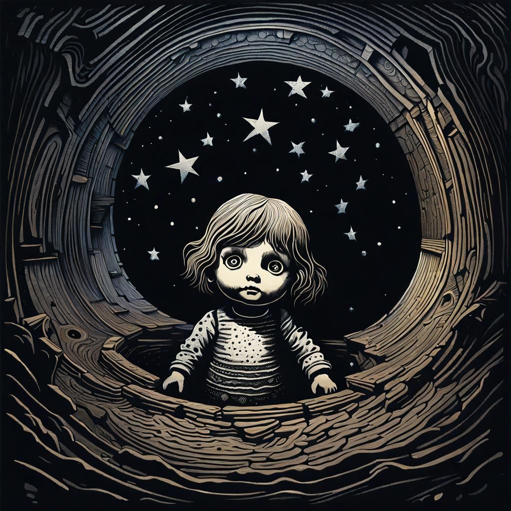 Disturbing Woodcut of Abandoned Doll in Well