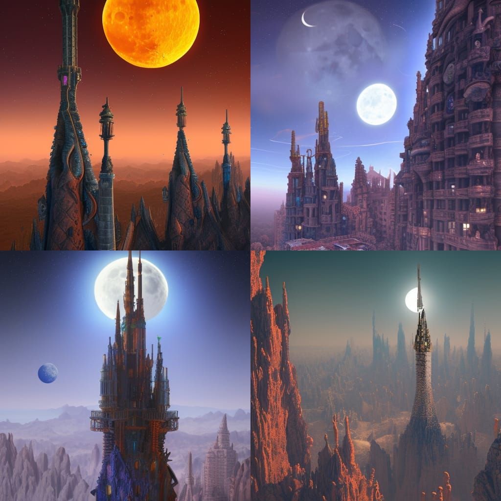 Gaudi-Style Tower to the Moon: Detailed Matte Painting