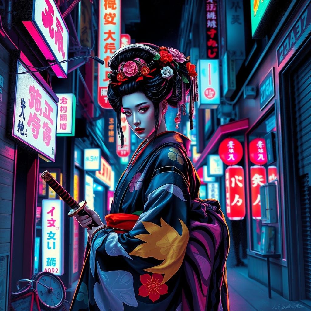Geisha in Cyberpunk Tokyo Alleyway with Gleaming Katana