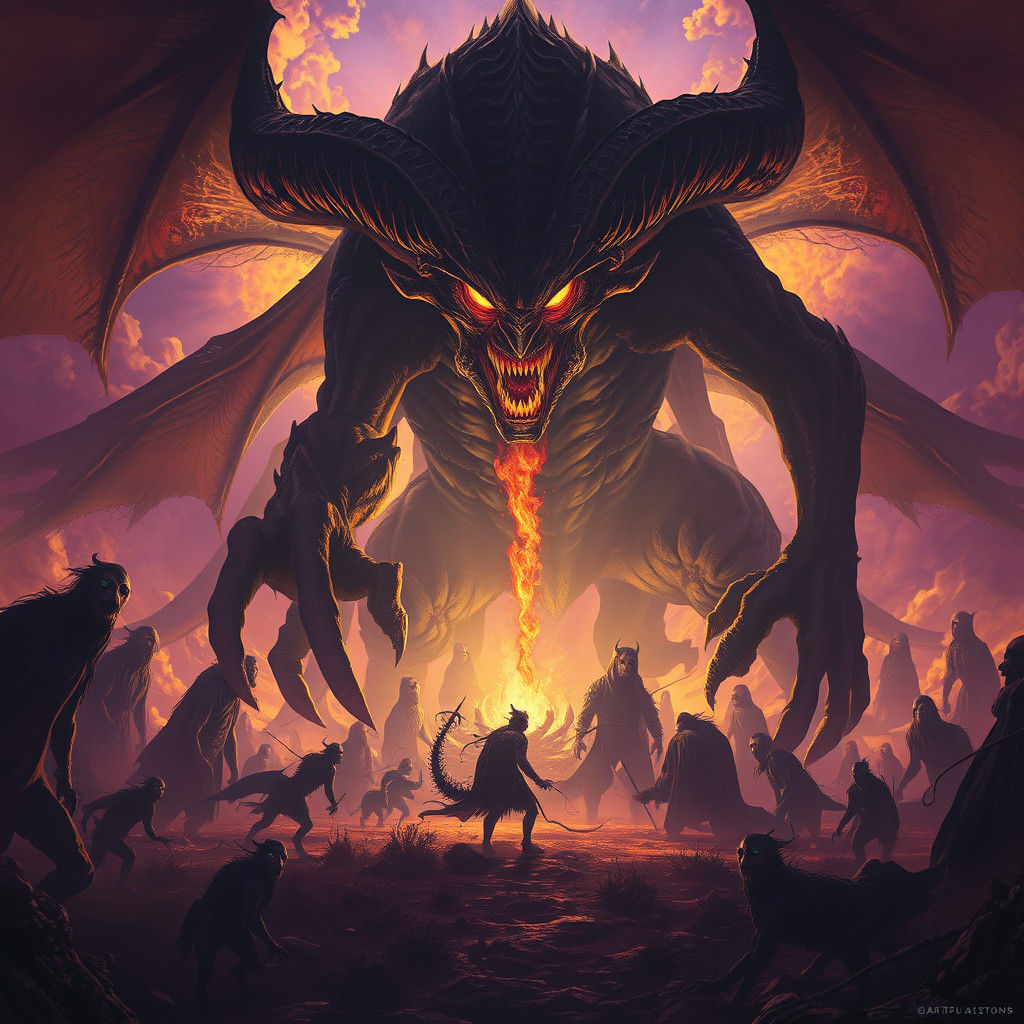 Giant Demon in Desolate Underworld: Dark Fantasy Art