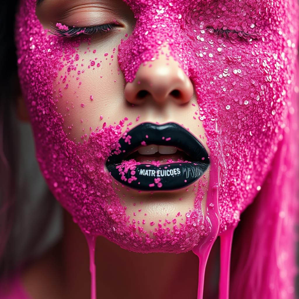 Woman's Face Covered in Pink Glitter and Sequins