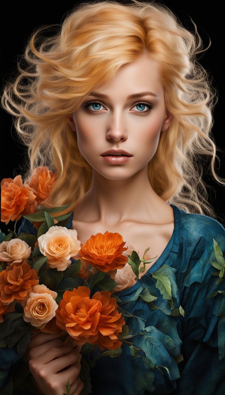 Women with flowers, oil portrait in linen