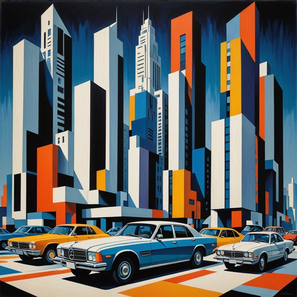 Geometric Futurism in Retro-Futuristic Cityscape