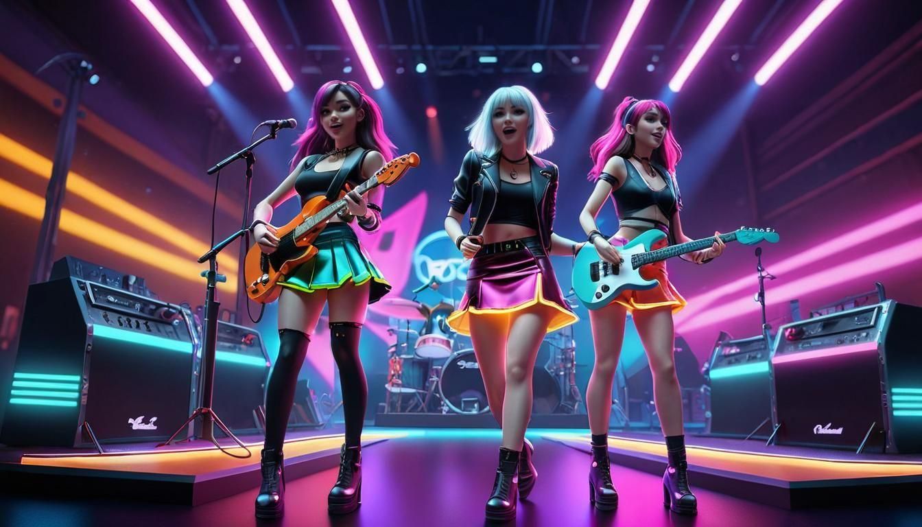Girl Rockband in Neon, 3D Digital Art