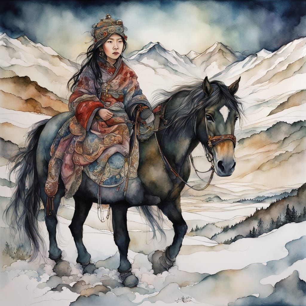 Traditional Mongolian Woman in Snowy Landscape