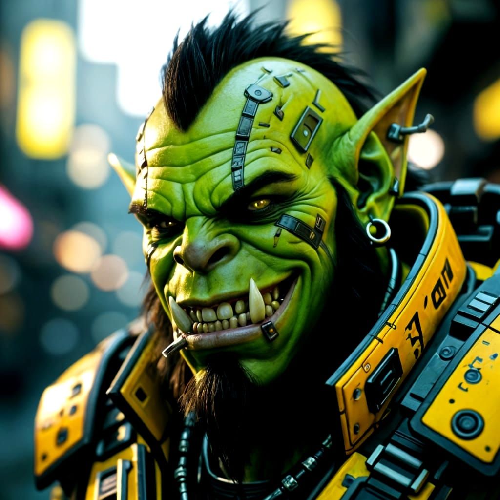 Smiling Cyberpunk Orc in Yellow and Green Hues