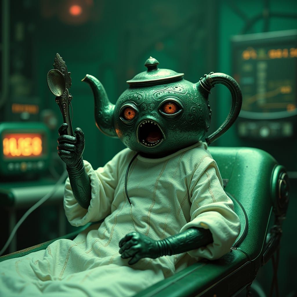 Teapot's Alien Abduction Nightmare in Art Nouveau Style