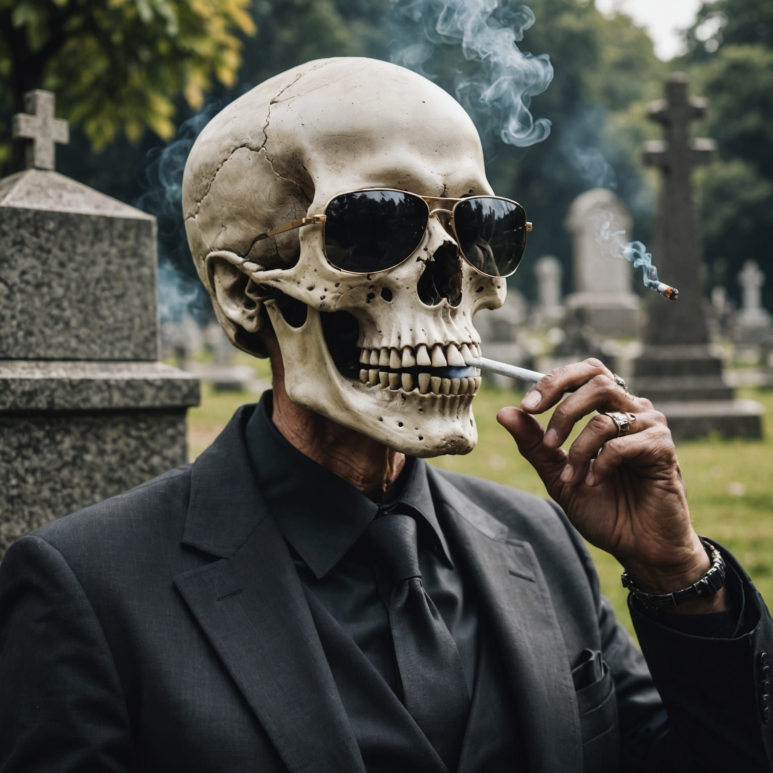 Skull with Sunglasses Smoking in Cemetery