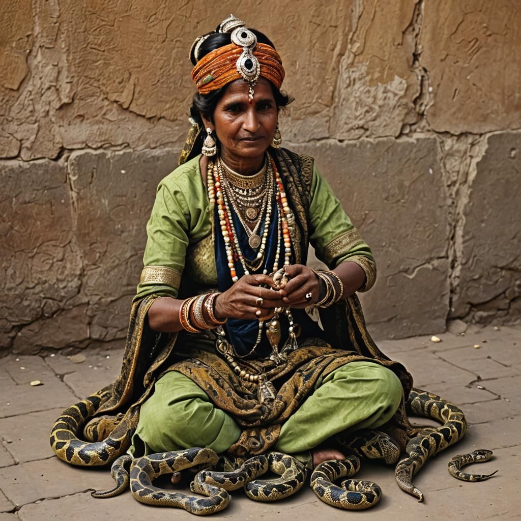 Ornate Snake Charmer in India with Pythons