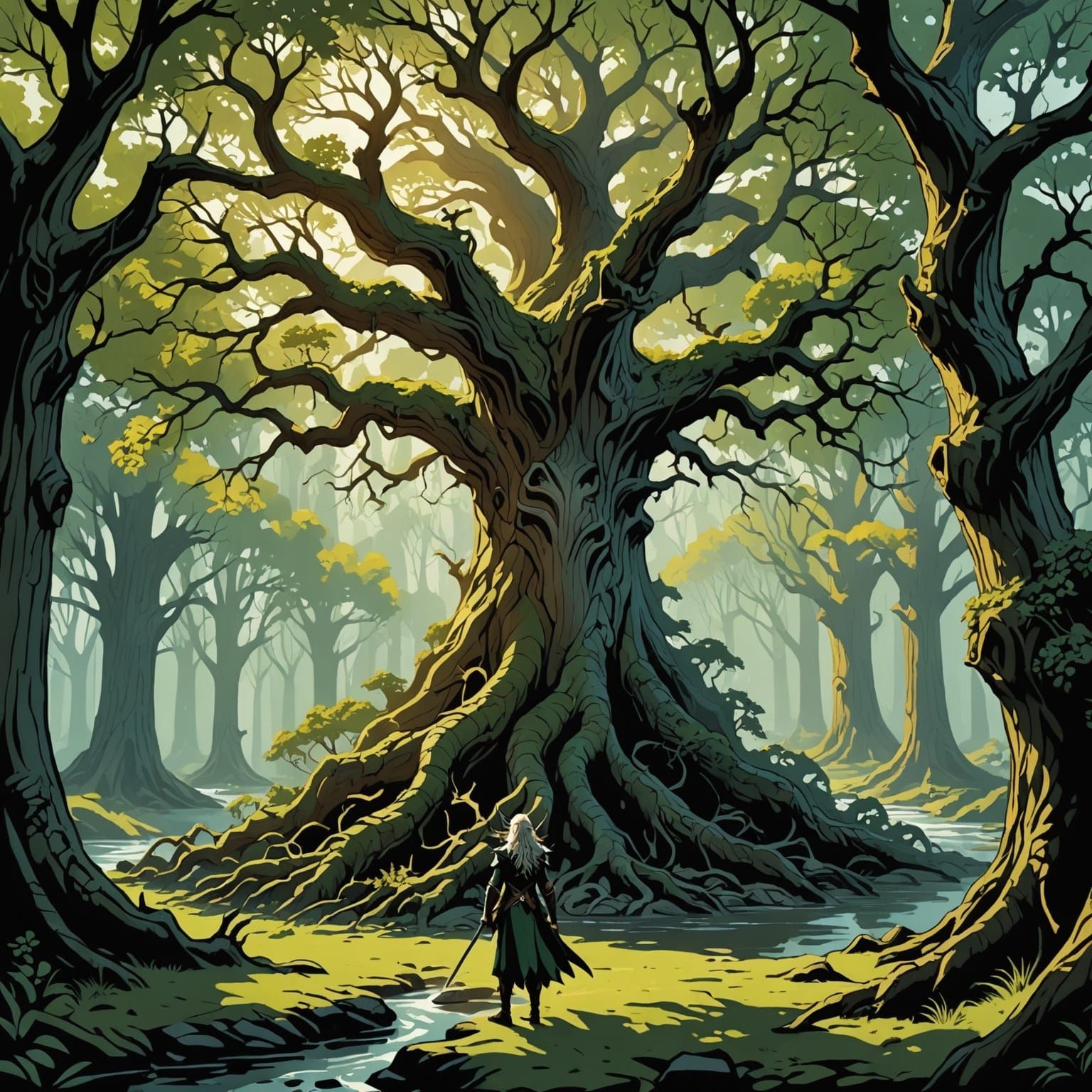 Elven Princess Battles Nuckelavee Near Ancient Oak