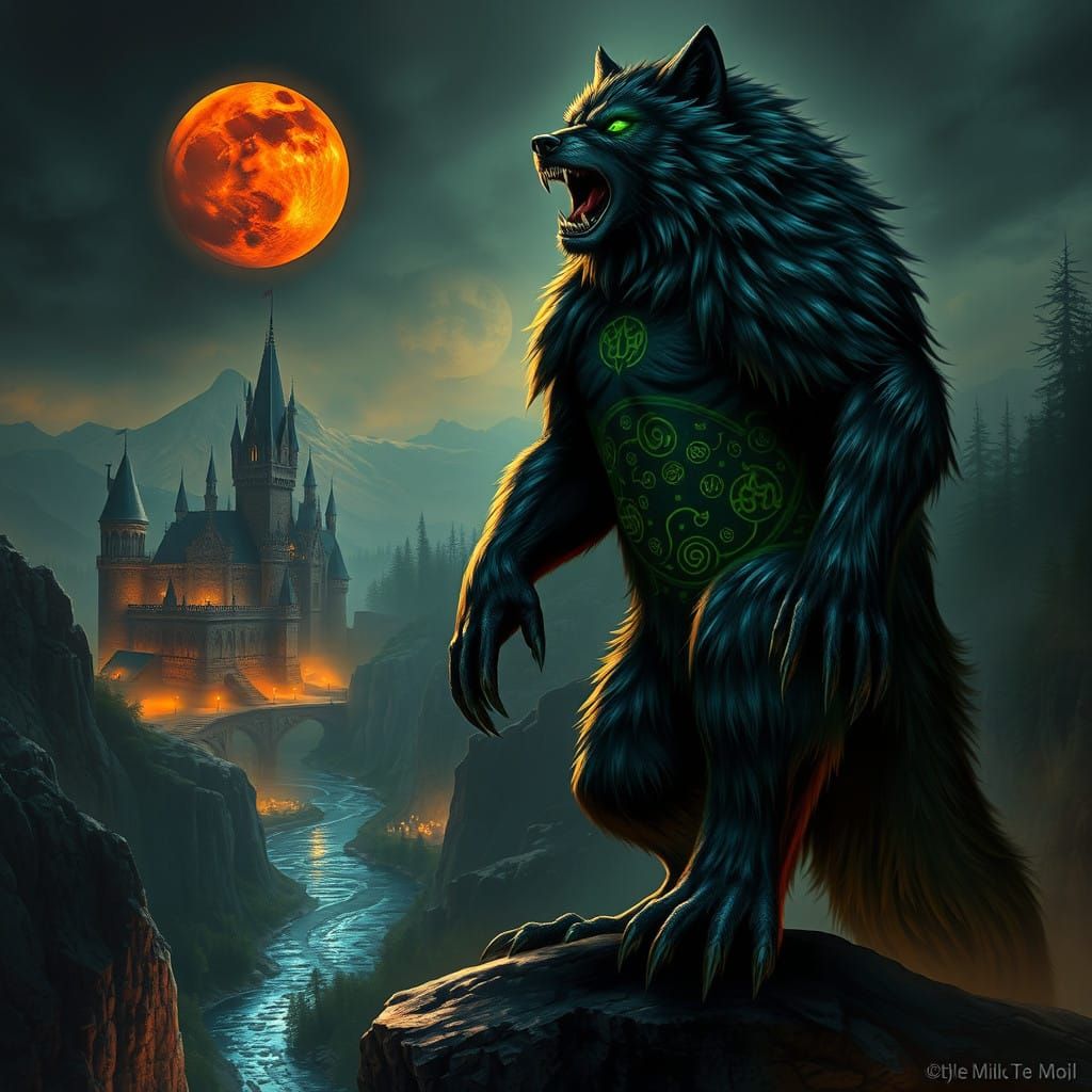 Ethereal Werewolf Amid Ancient Runes and Dark Castle