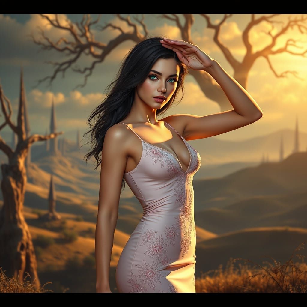 Ethereal Goddess in Whimsical Landscape