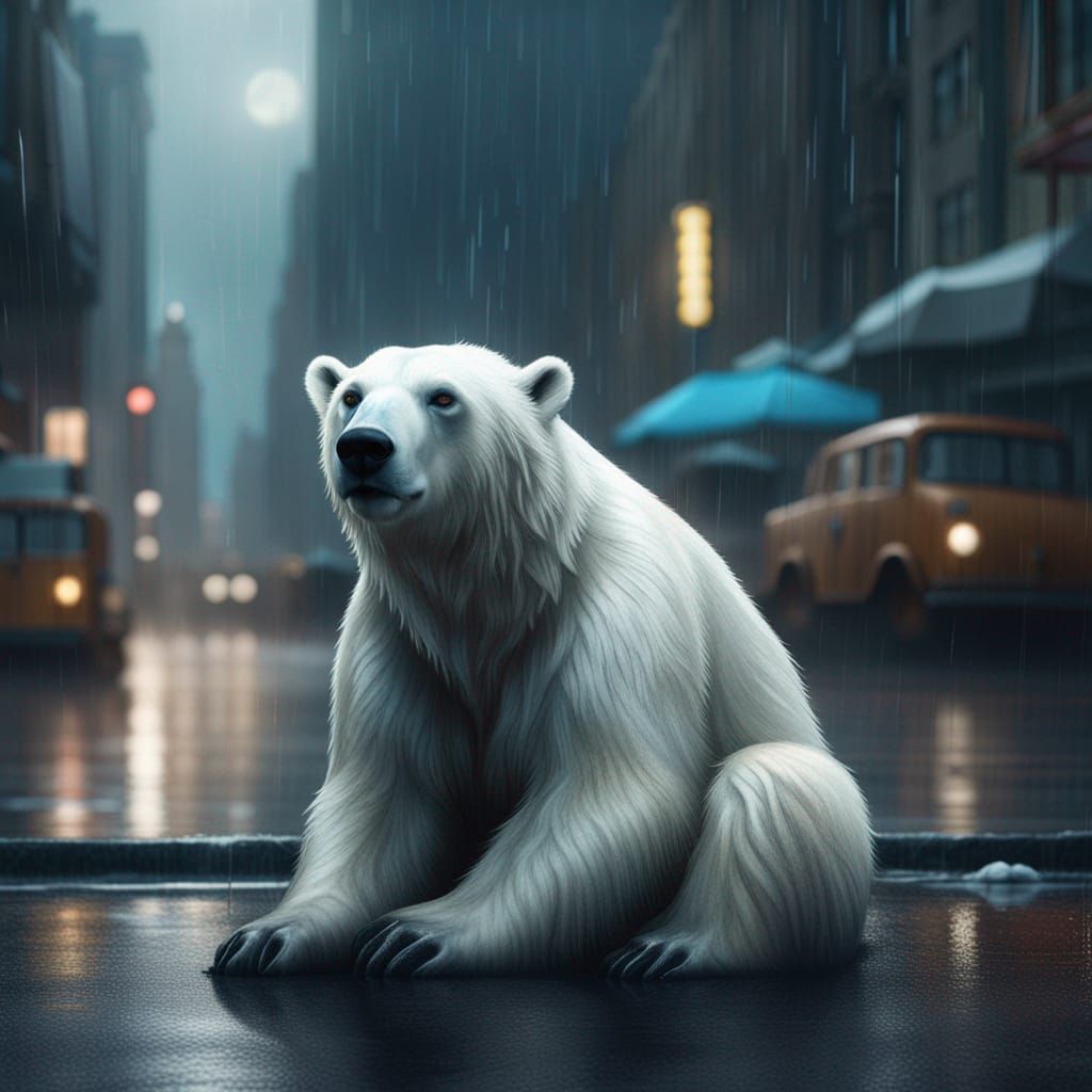 Polar Bear in Rainy City: Detailed Matte Painting
