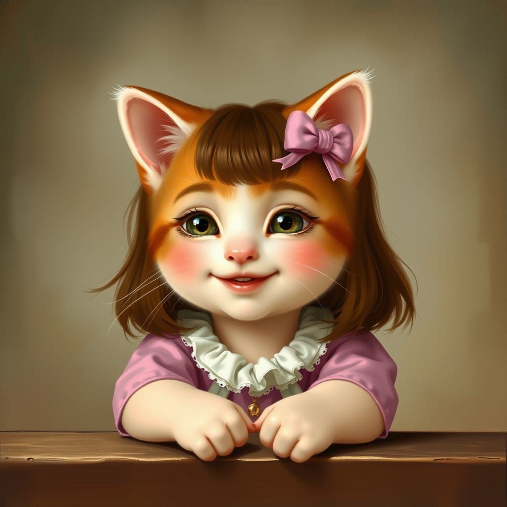 Whimsical Pink Kitten Girl in a Baroque Aesthetic